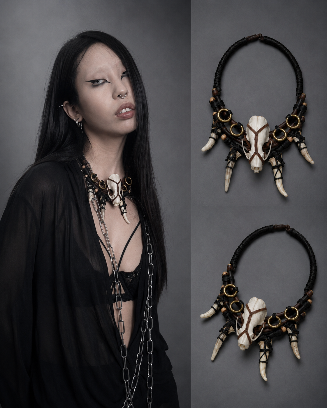 Mink Skull Four-Antler Black Gothic Necklace