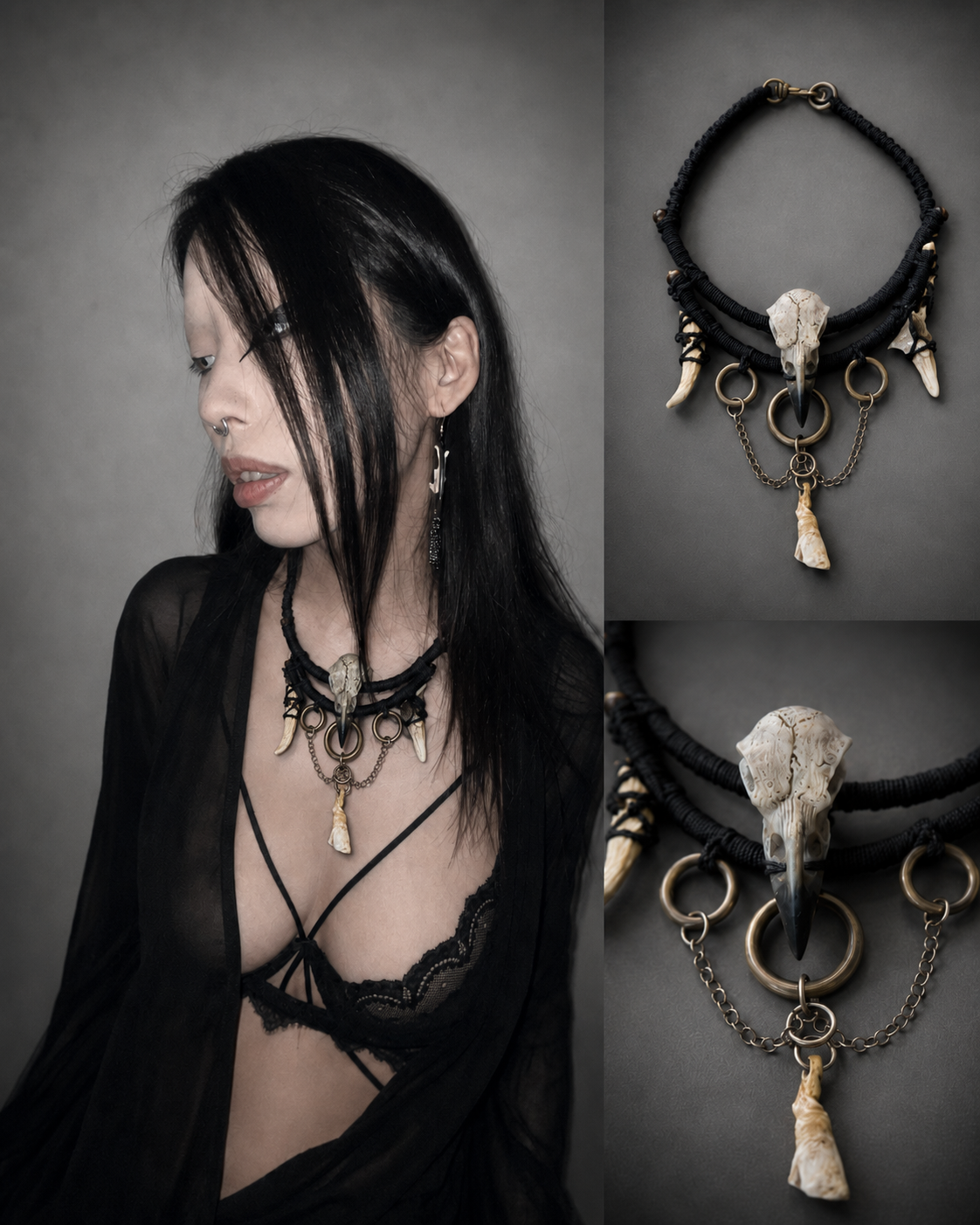Resin Crow Skull & Double Antler Necklace