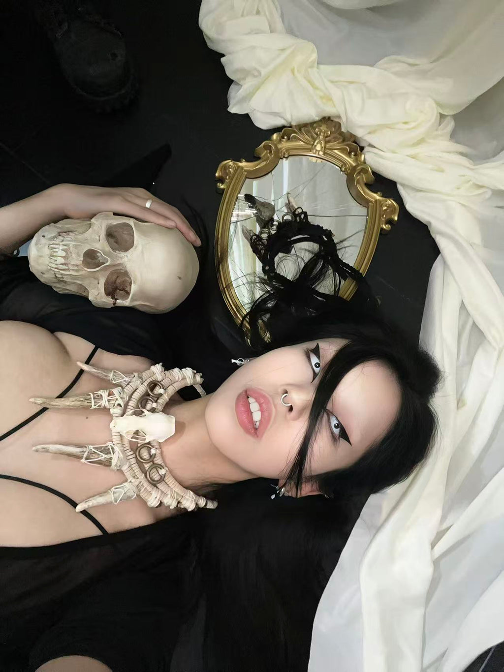 Mink Skull Four-Antler White Gothic Necklace