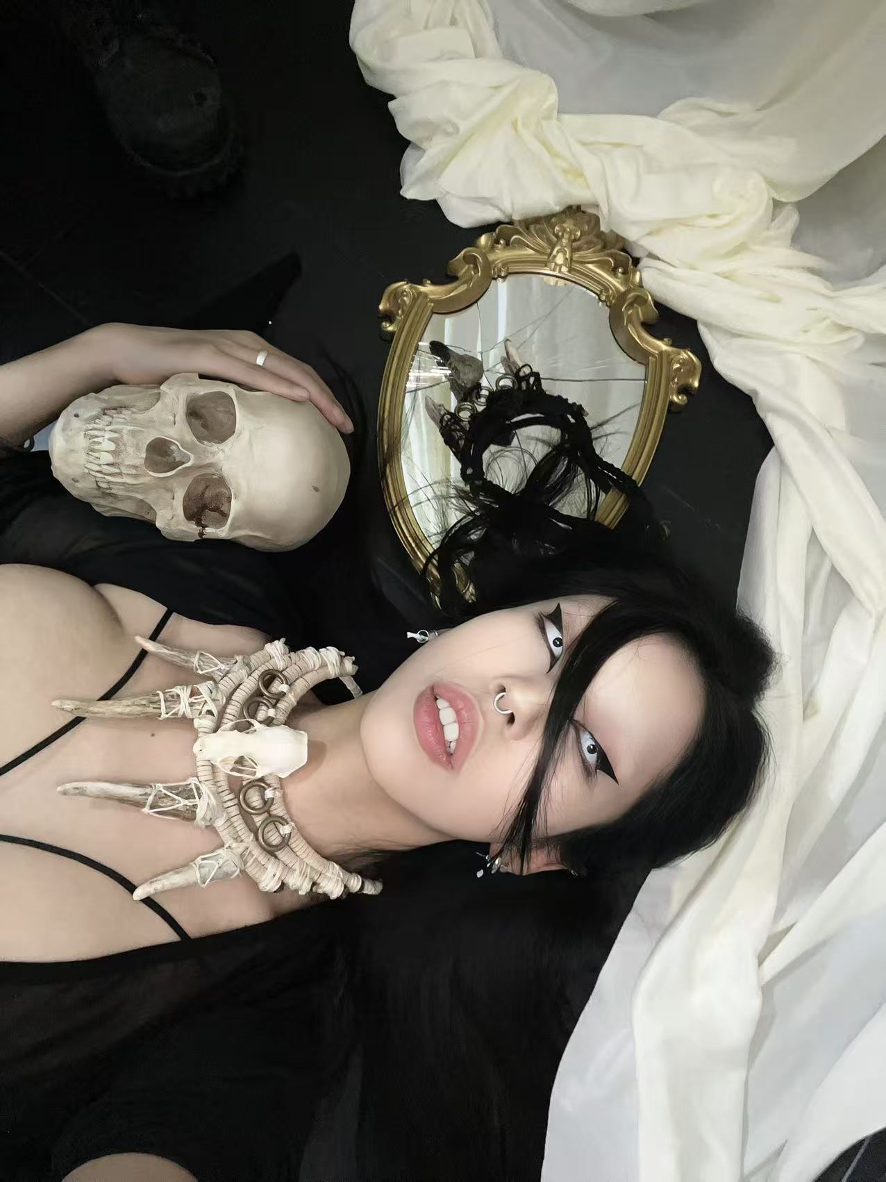 Mink Skull Four-Antler White Gothic Necklace